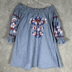 Lost In Lunar Women’s M Cotton Denim Embroidered Off Shoulder Top 3/4 Sleeves